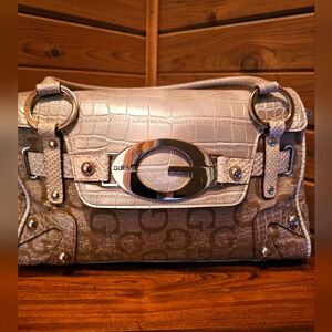 Guess Taupe Croc-Print Jacquard Satchel with Silver G Hardware
